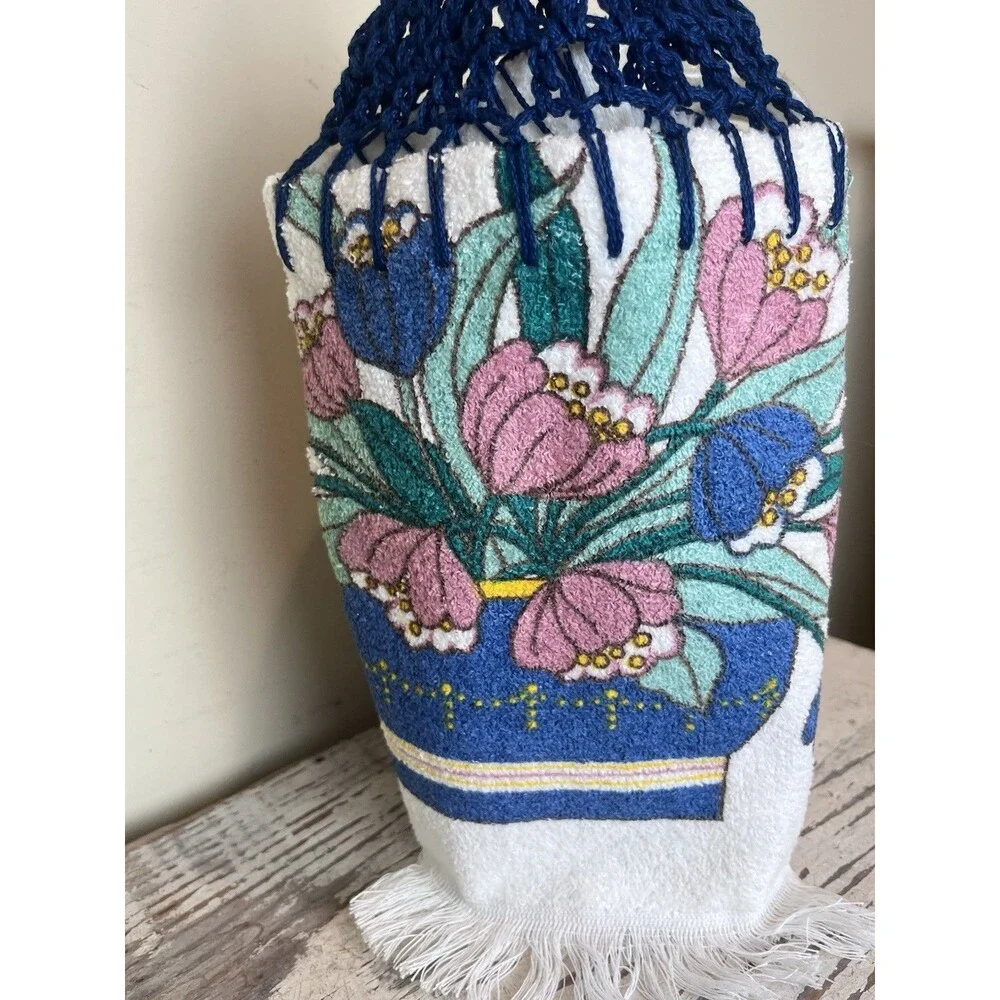 Vintage Crocheted Top Terrycloth Kitchen Hand Towel Florals Blues Pinks Retro